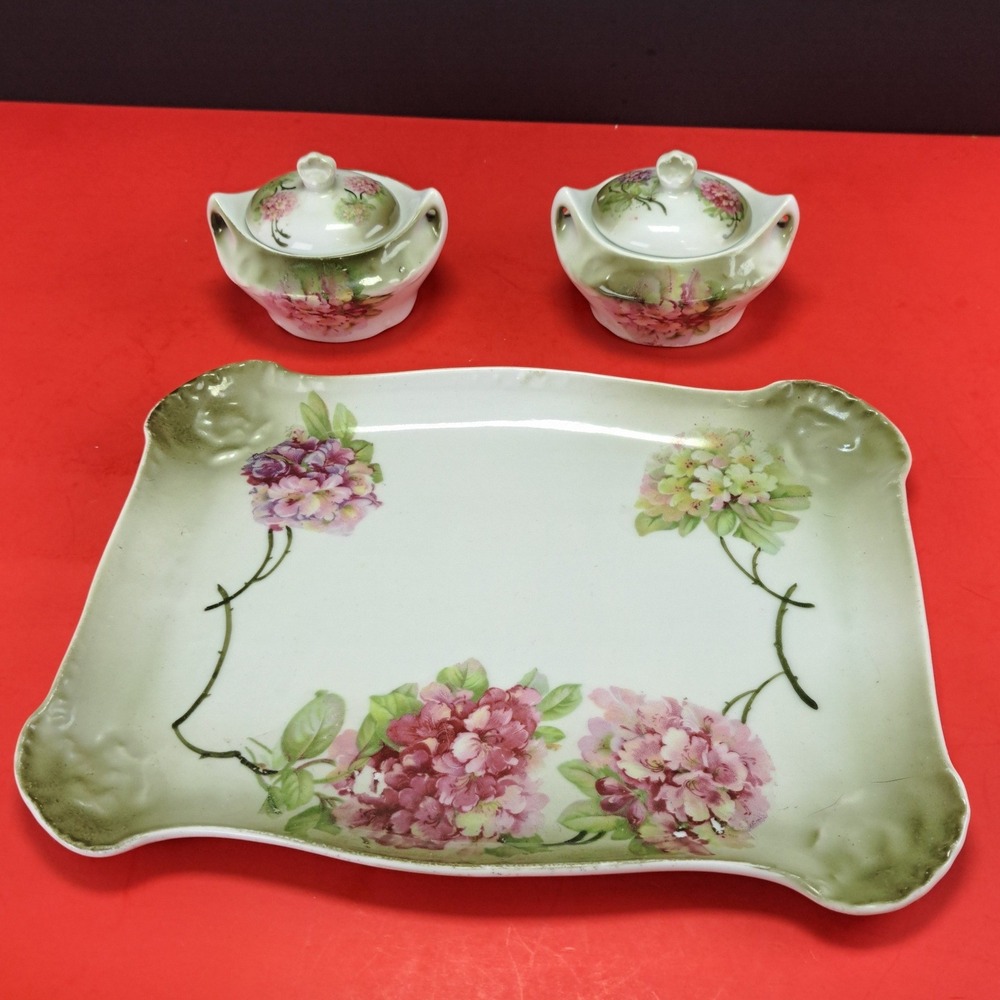 Moschendorf Bavaria Tea Vanity Set OS Green Pink Excellent Hydrangea Floral 5pc